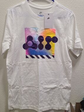 Nike White Short Sleeve Tee with Purple 'A.I.R.' Graphic and Multicolor Square
